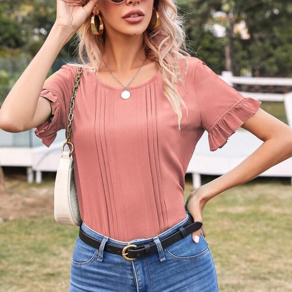 boho ruffle sleeve pleated short sleeve top - Picture 2 of 8